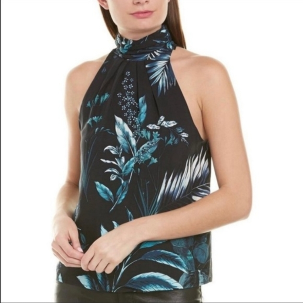 RtA | 'Yvette' Sleeveless‎ High Neck Black and Blue Printed Top in Size …